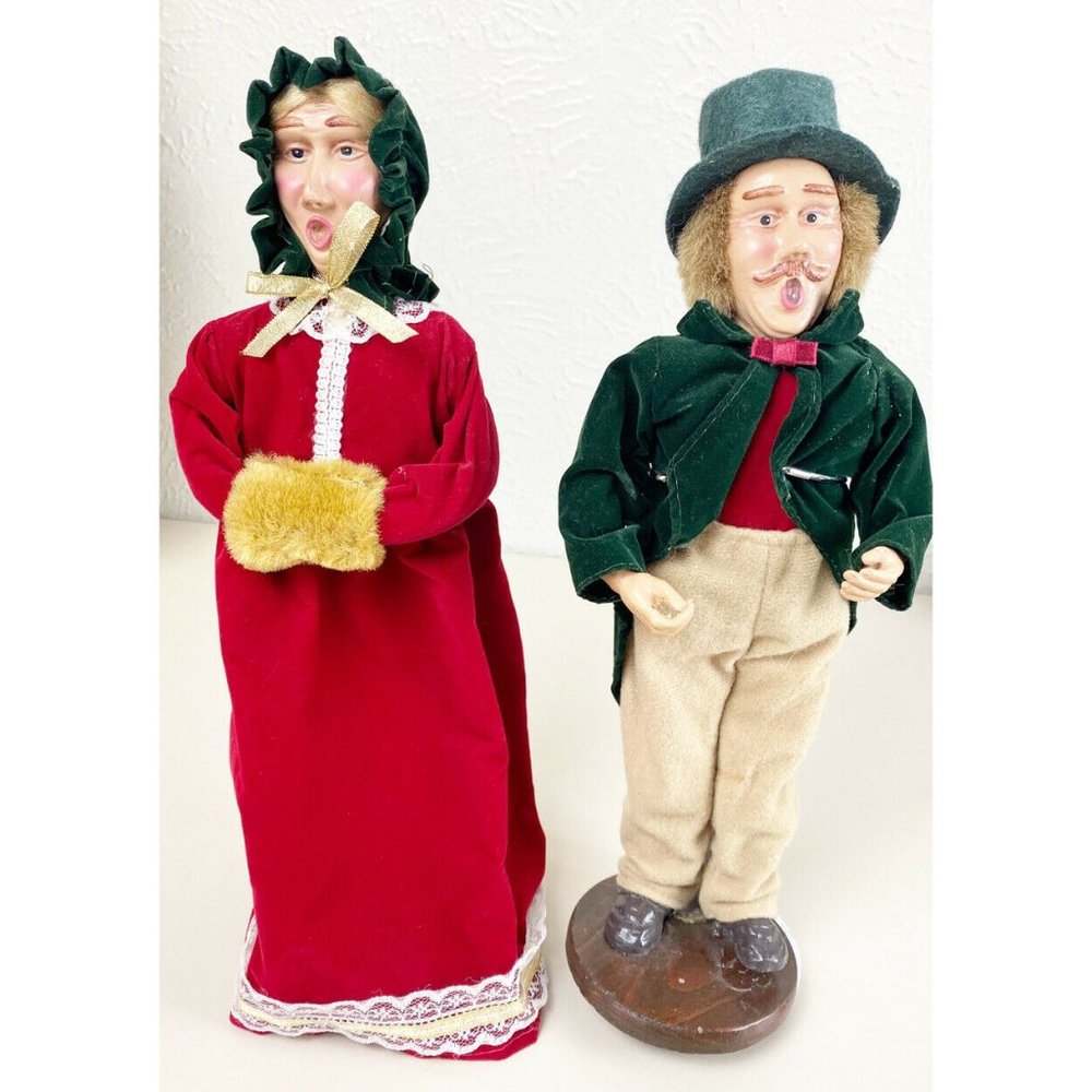 Vintage Christmas Carolers Husband Wife 13” Set Holiday Decor Velvet 60-70s GUC